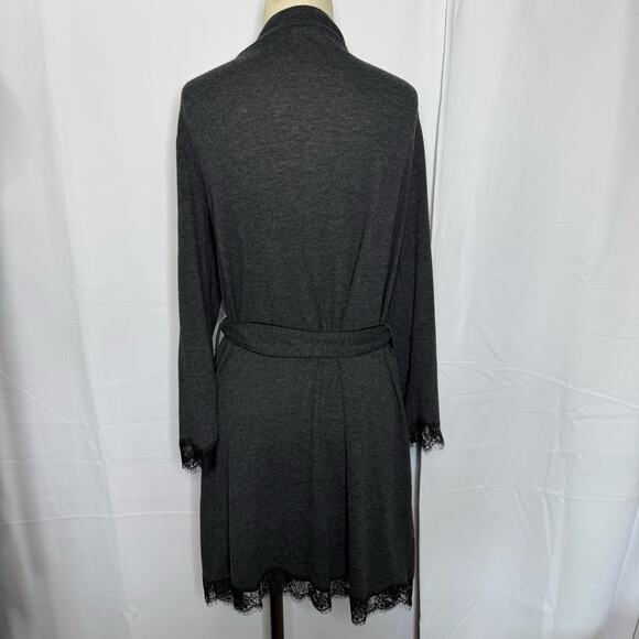 Victoria's Secret Wrap Robe M/L Charcoal Gray Lace Trim Belted - Picture 3 of 8